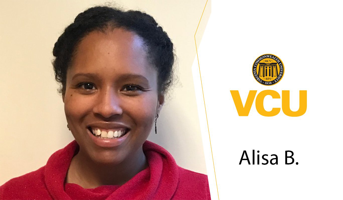 A woman in a red sweater standing in front of a white wall. To her right is the VCU logo and her name, Alisa B