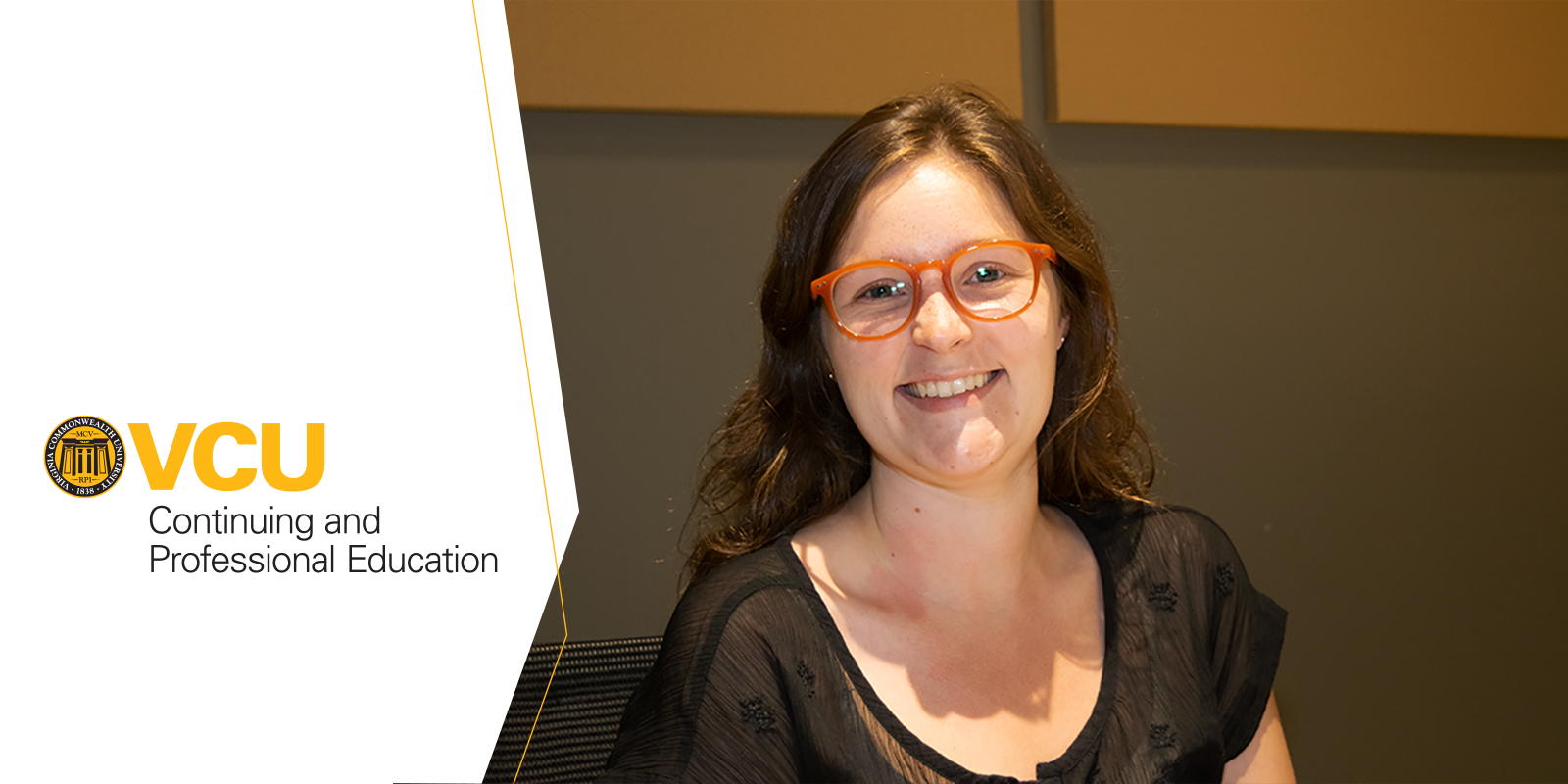 A white field with the VCU Continuing and Professional logo next to a photo of a smiling woman.